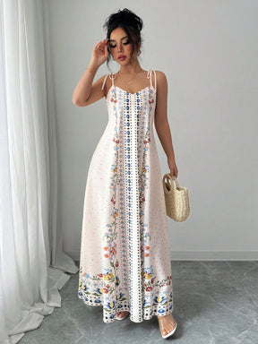 Vestido Longo Estampado com Alças Finas e Barra Decorada