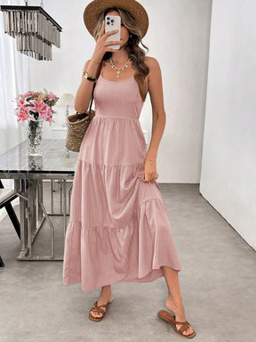 Vestido Longo Verde Com Laço Nas Costas E Camadas Fluídas