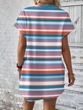 Vestido Curto Listrado Casual Com Bolsos Laterais