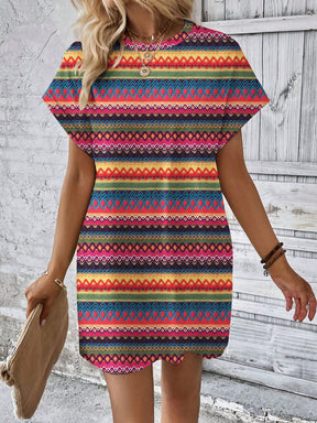 Vestido Curto Listrado Casual Com Bolsos Laterais