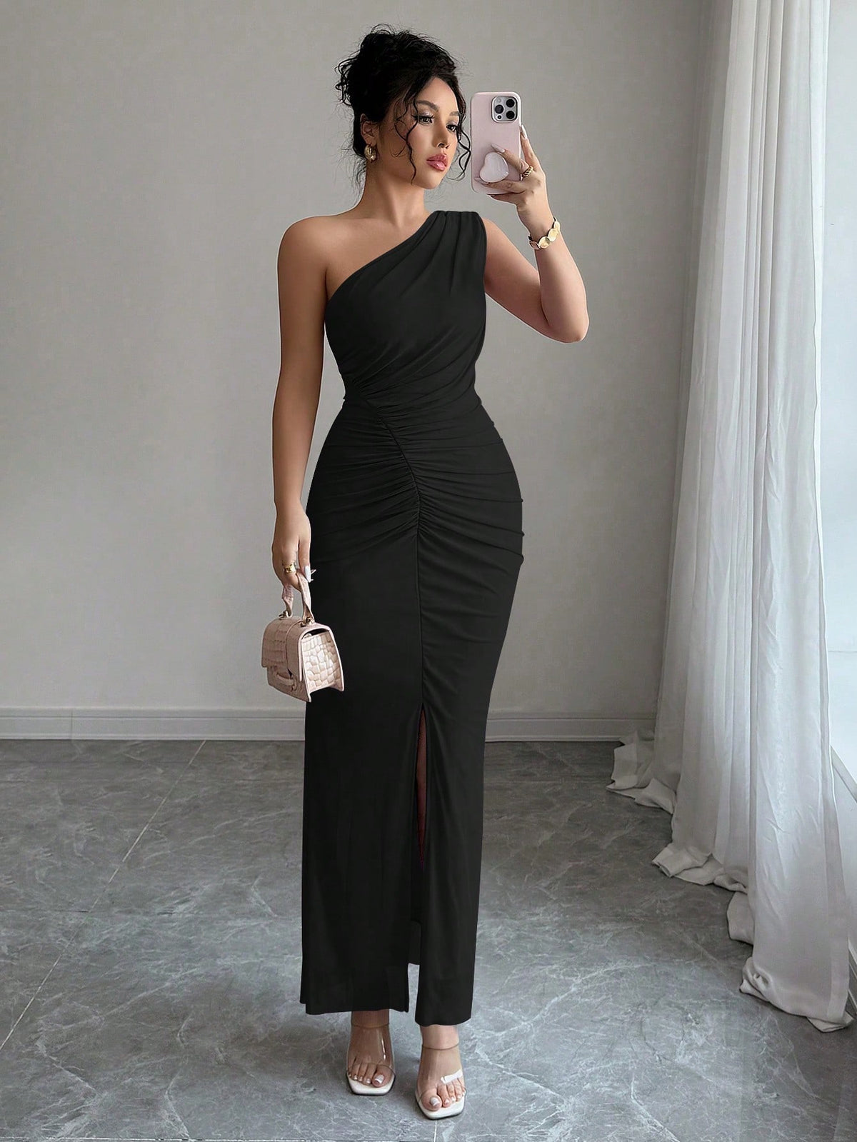 Vestido Longo Elegante Assimétrico Um Ombro Só Com Drapeado