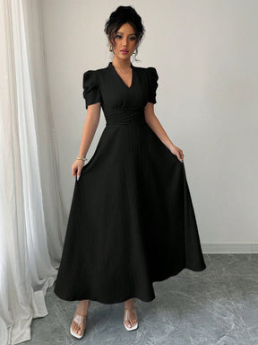 Vestido Midi Evasê Elegante Com Manga Bufante
