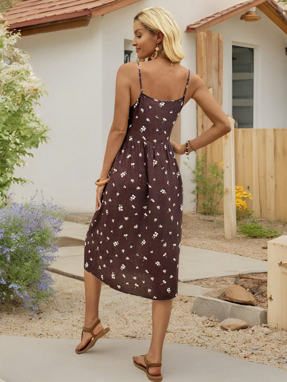 Vestido Midi De Alças Estampa Floral Com Botões Frontais