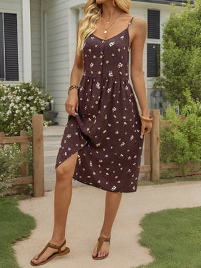 Vestido Midi De Alças Estampa Floral Com Botões Frontais