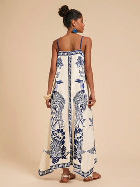 Vestido Longo Estampado Étnico Decote V Alças Finas