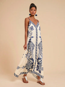 Vestido Longo Estampado Étnico Decote V Alças Finas