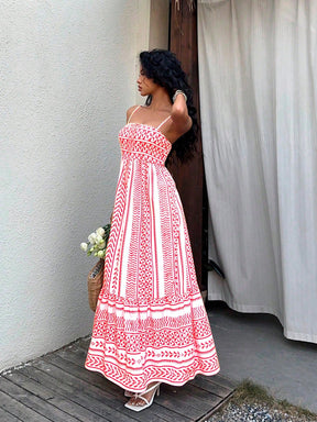 Vestido Midi Estampado Étnico com Alças Finas Ajustáveis