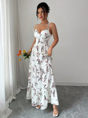 Vestido Longo Estampado Floral Com Alças Finas Ajustáveis