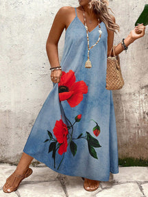 Vestido Longo Estampado Floral Alças Finas Estilo Boho