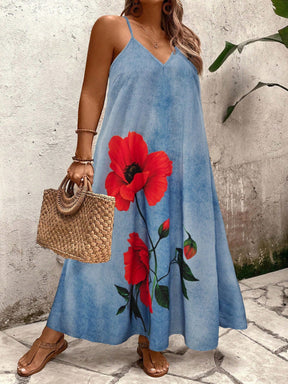Vestido Longo Estampado Floral Alças Finas Estilo Boho