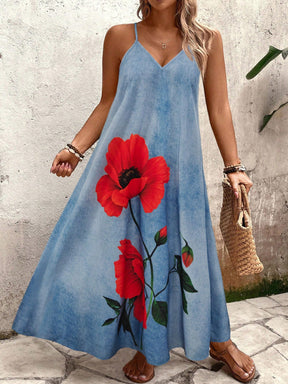 Vestido Longo Estampado Floral Alças Finas Estilo Boho
