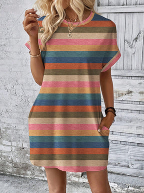 Vestido Curto Listrado Casual Com Bolsos Laterais