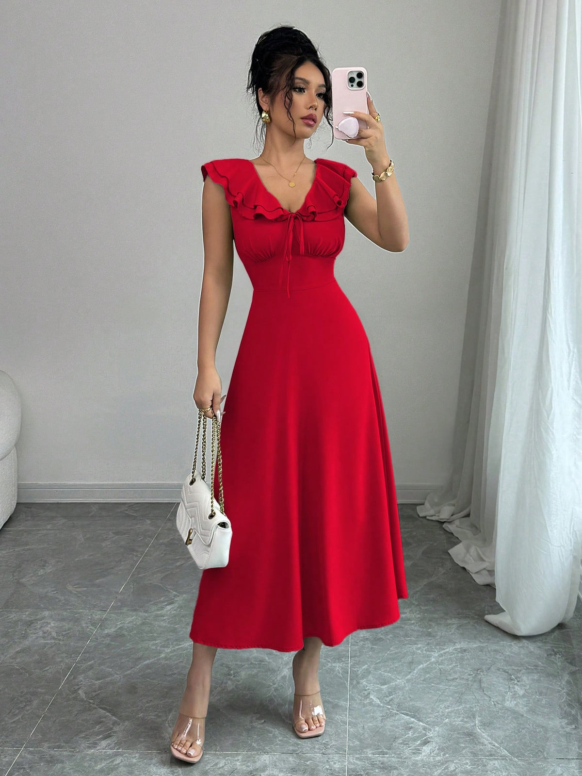Vestido Midi Evasê Com Babado No Decote