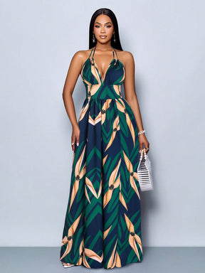 Vestido Longo Estampado Decote Halter Com Saia Rodada
