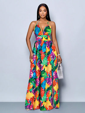 Vestido Longo Estampado Decote Halter Com Saia Rodada