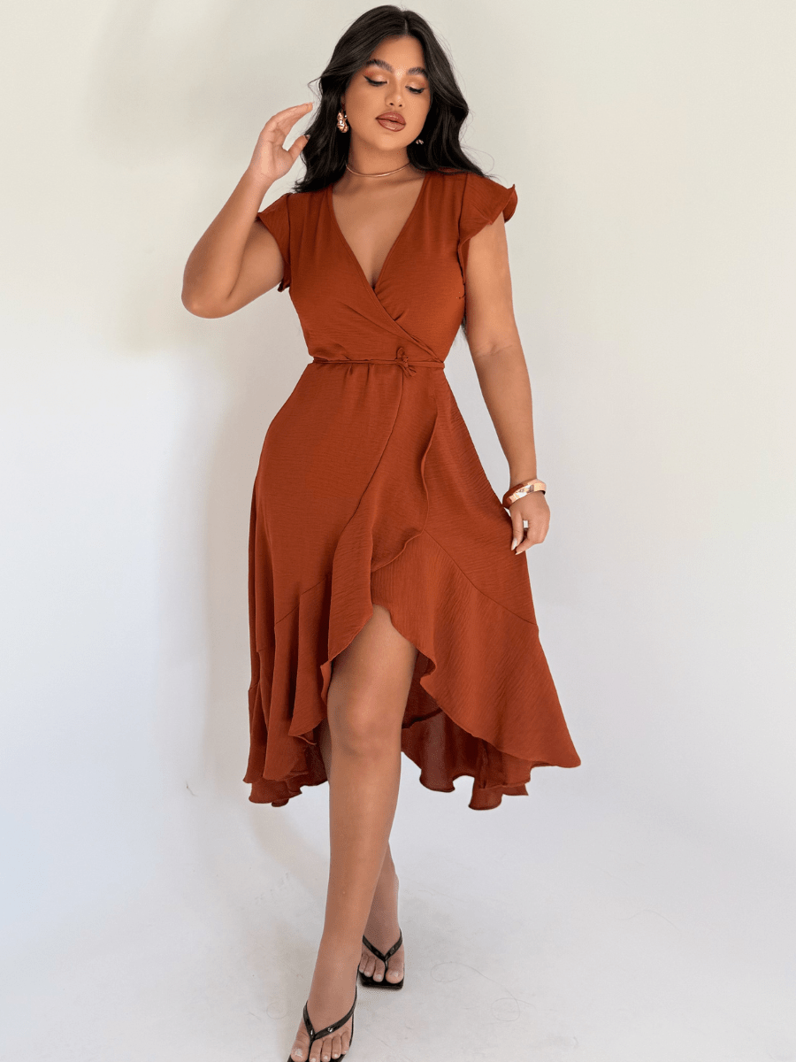 Vestido Midi Envelope Assimétrico Com Babado