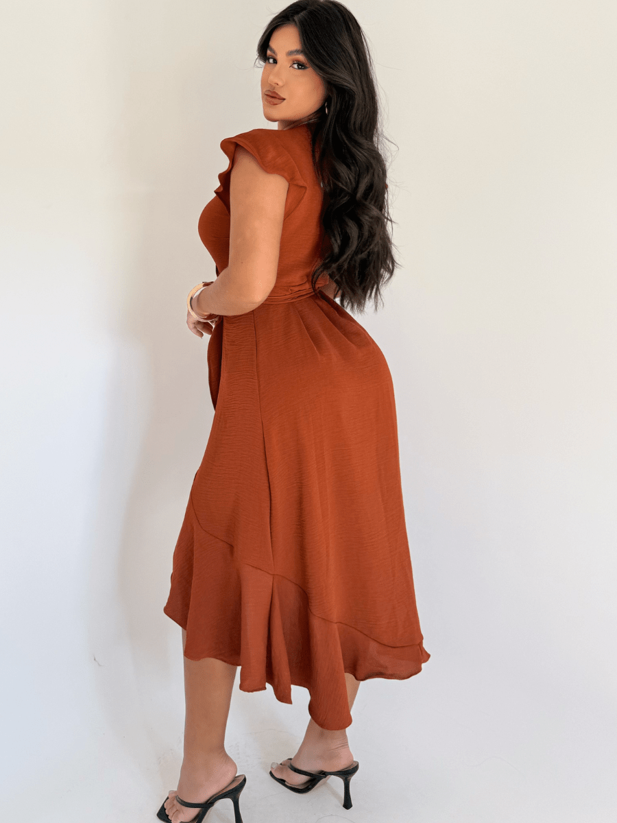 Vestido Midi Envelope Assimétrico Com Babado
