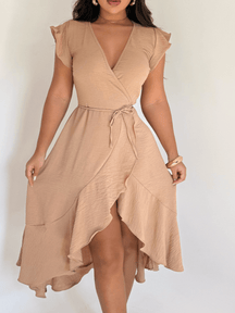 Vestido Midi Envelope Assimétrico Com Babados