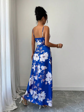 Vestido Longo De Alças Ajustáveis Estampado Floral Elegante