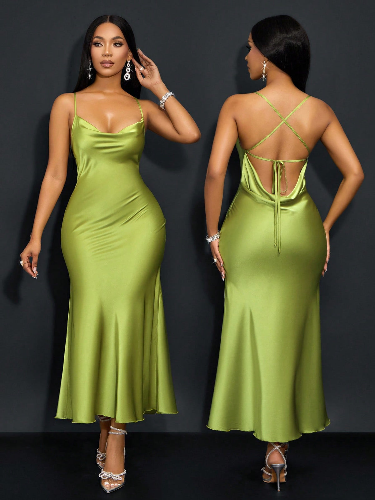 Vestido Longo De Cetim Com Decote Draped