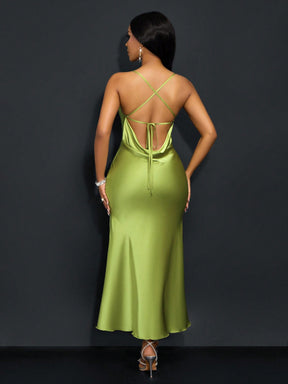 Vestido Longo De Cetim Com Decote Draped