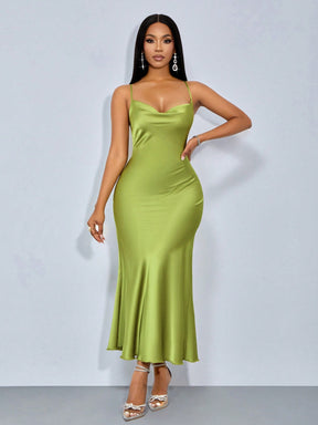Vestido Longo De Cetim Com Decote Draped