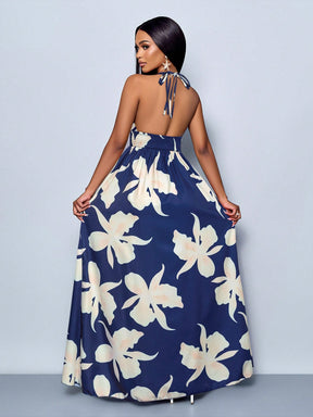 Vestido Longo Estampado Decote Halter Com Saia Rodada