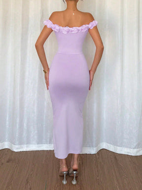 Vestido Longo Ombro a Ombro Com Pérolas e Flores