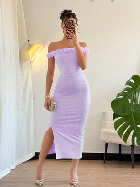 Vestido Longo Ombro a Ombro Com Pérolas e Flores
