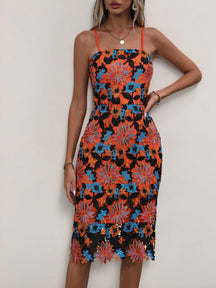 Vestido Elegante De Renda Com Transparência Floral Midi