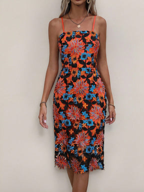 Vestido Elegante De Renda Com Transparência Floral Midi
