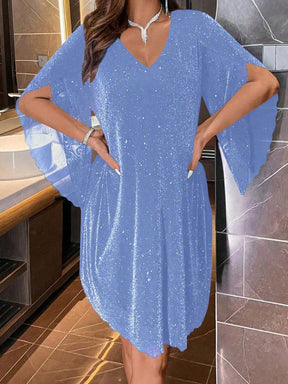 Vestido Curto Brilho Decote V Com Manga Solta Elegante