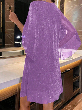 Vestido Curto Brilho Decote V Com Manga Solta Elegante