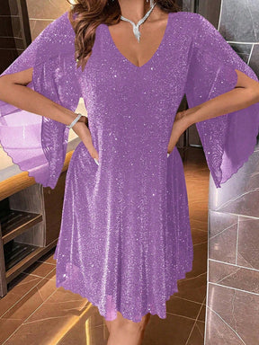 Vestido Curto Brilho Decote V Com Manga Solta Elegante