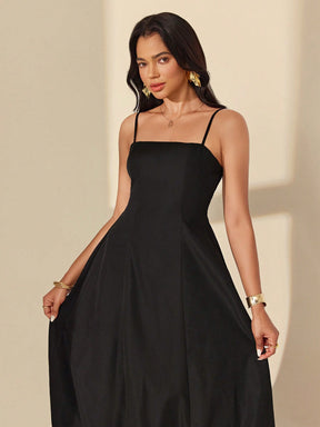 Vestido Midi Elegante Alças Finas Saia Balonê Estruturada