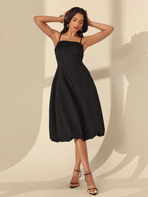Vestido Midi Elegante Alças Finas Saia Balonê Estruturada