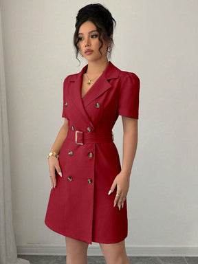 Vestido Blazer Curto Alfaiataria Com Cinto E Botões