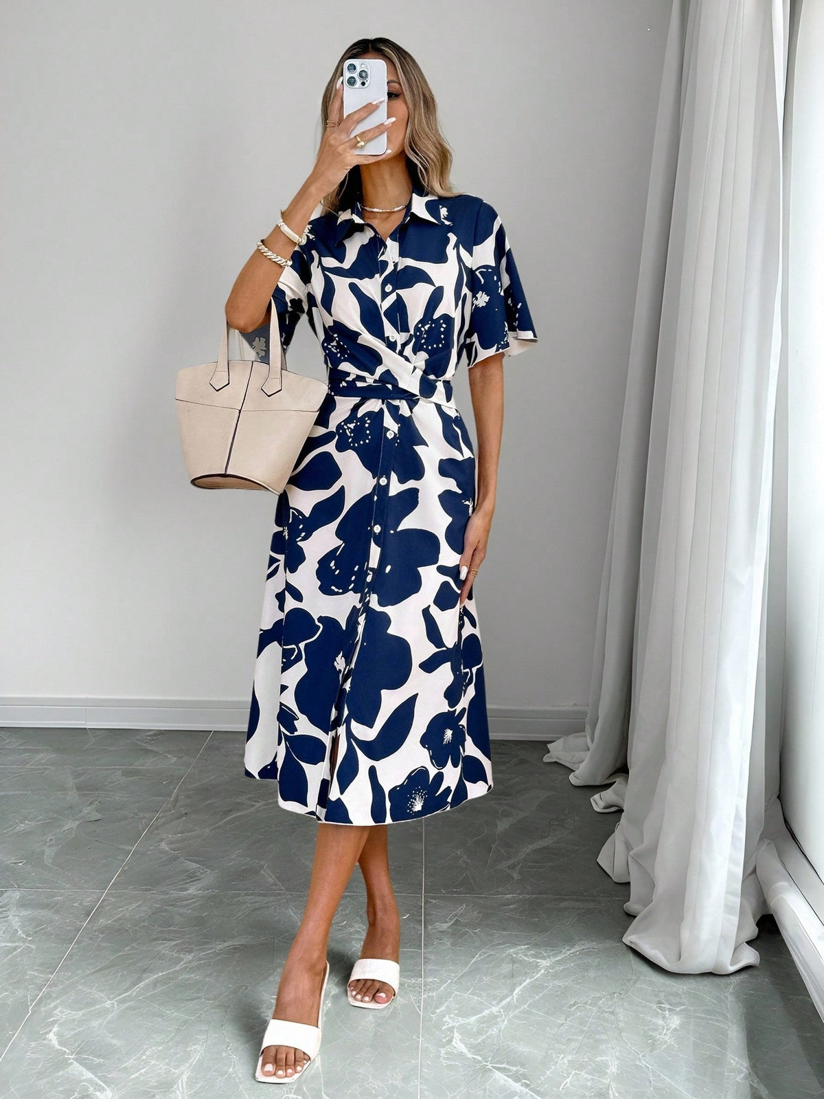 Vestido Midi Chemise Estilo Casual Com Botões Frontais