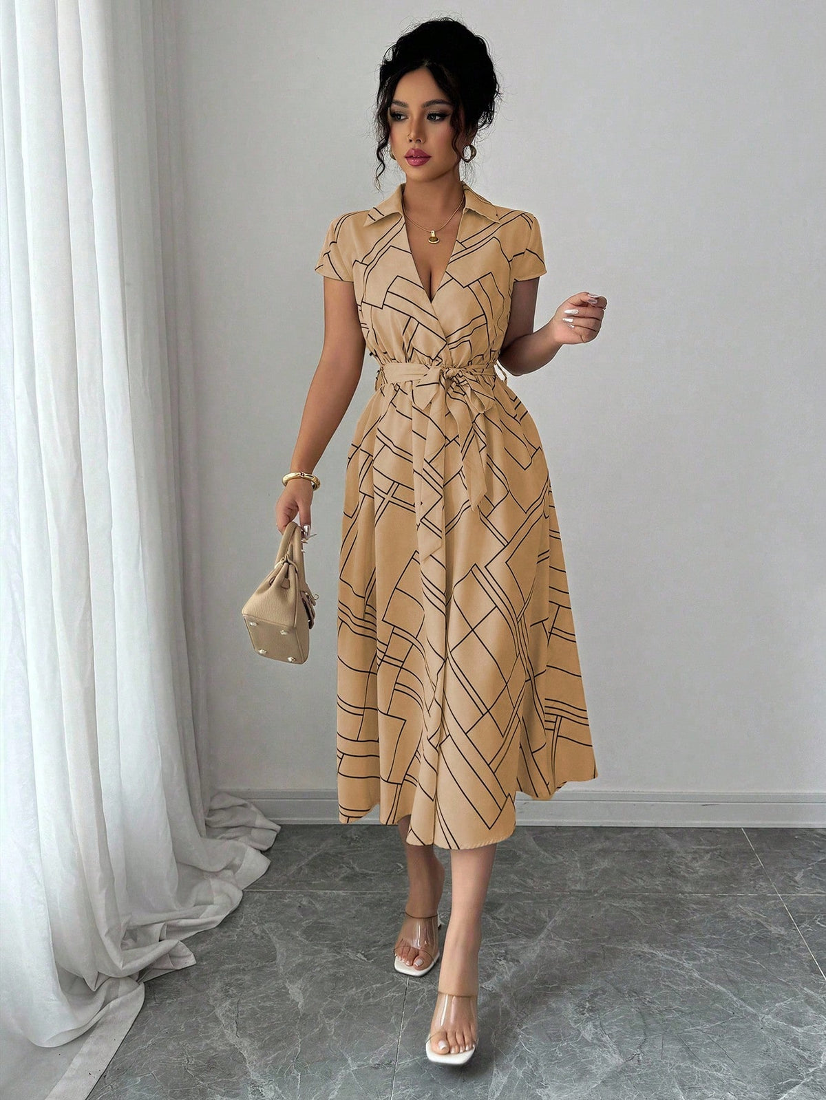 Vestido Midi Chemise Estampado Com Cinto Ajustável