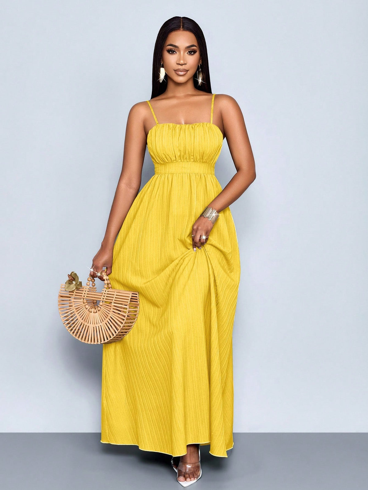 Vestido Longo Verde Com Alças Finas E Cintura Franzida