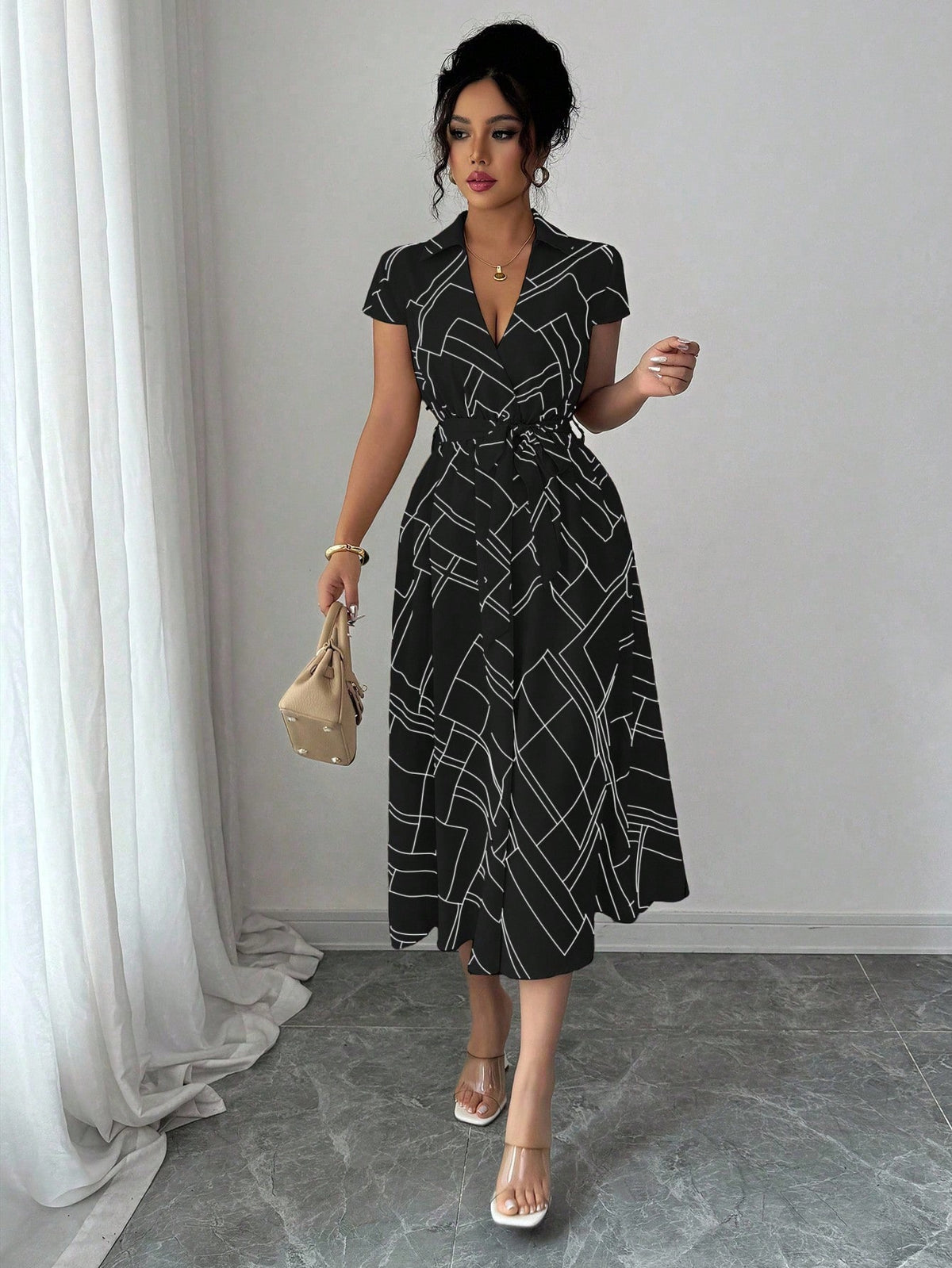 Vestido Midi Chemise Estampado Com Cinto Ajustável