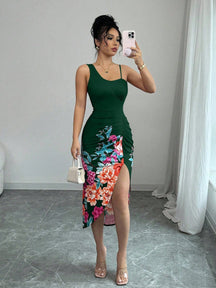 Vestido Midi Justo Com Estampa Floral E Fenda Lateral