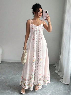 Vestido Longo Estampado com Alças Finas e Barra Decorada