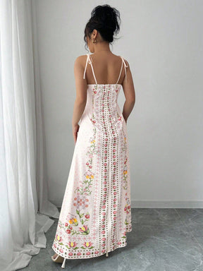 Vestido Longo Estampado com Alças Finas e Barra Decorada