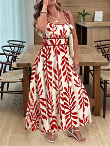 Vestido Longo Estampado com Alças Ajustáveis e Cintura Marcada