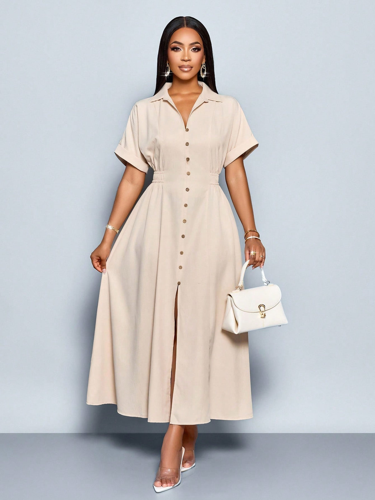 Vestido Longo Chemise Feminino Com Botões Frontais