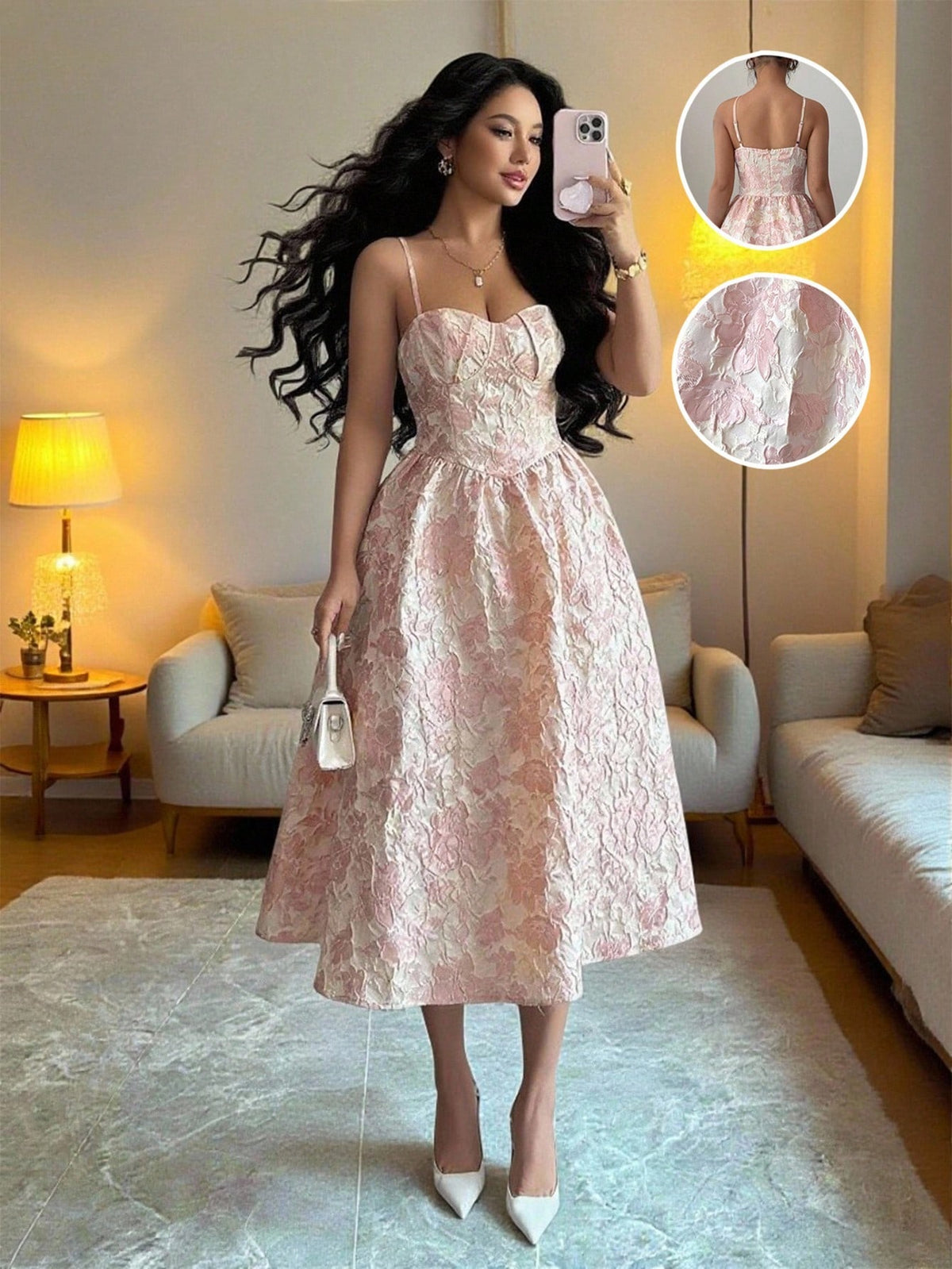 Vestido Midi Acinturado Com Alças Finas Estilo Romântico