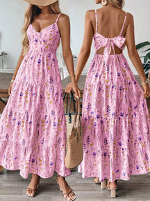 Vestido Longo De Alças Com Estampa Floral E Laço Nas Costas