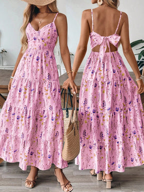 Vestido Longo De Alças Com Estampa Floral E Laço Nas Costas