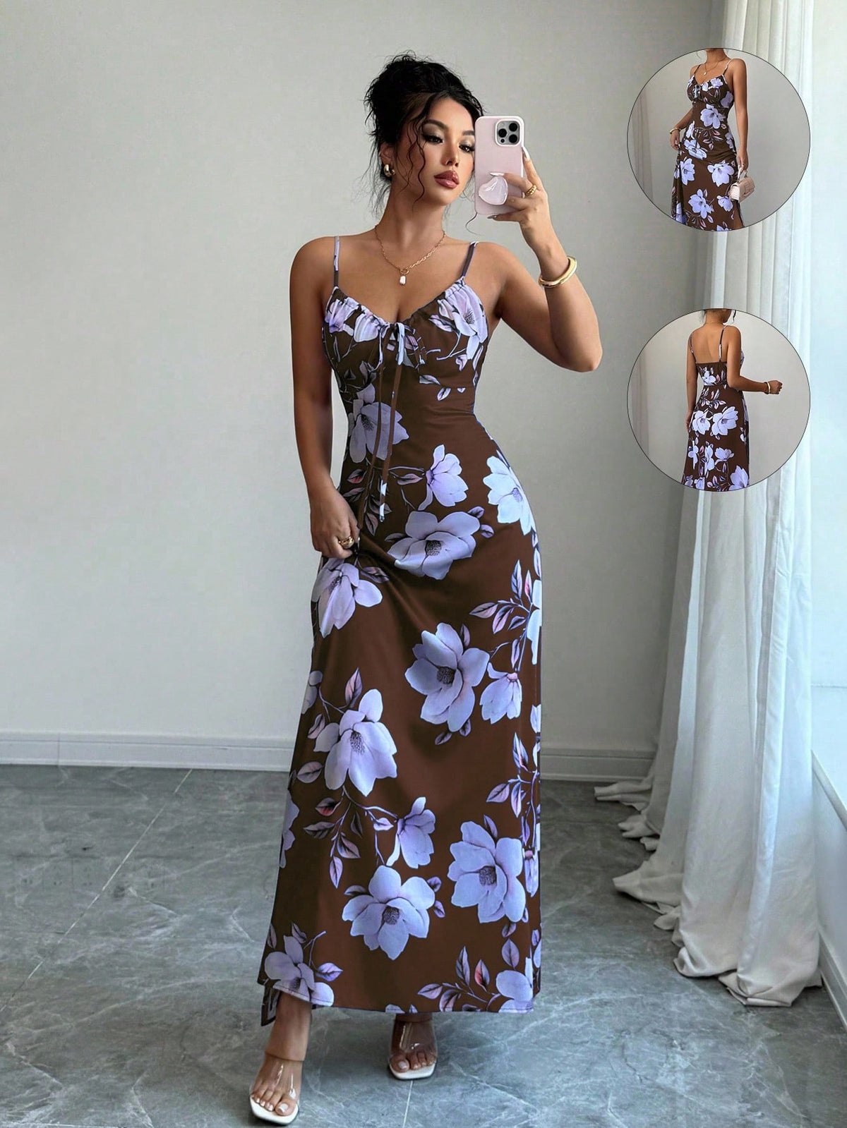 Vestido Longo De Alças Ajustáveis Estampado Floral Elegante